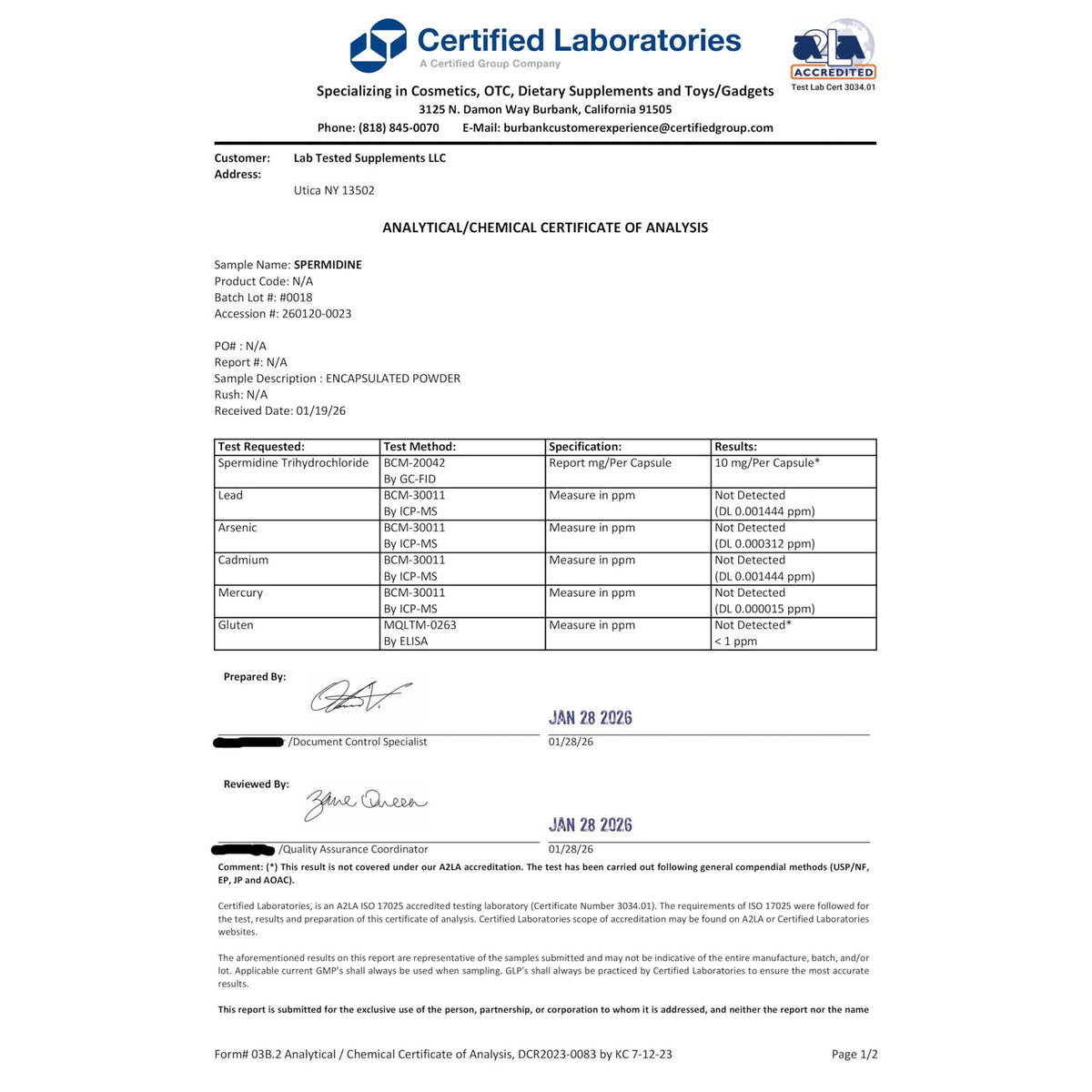 Spermidine 3HCL Supplement - 120 10mg Capsules - 3rd Party COA's provided with Every lot# - Spermidine Trihydrochloride