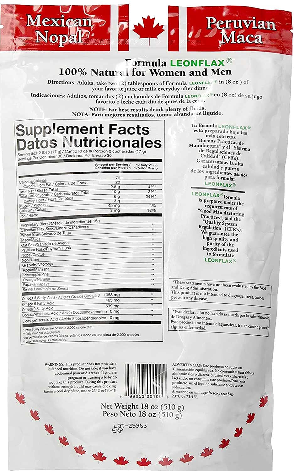 Leonflax, 100% Authentic Canadian Flax Seed, All-natural, High Fiber Content, Dietary Supplement to Improve your Digestive Health, 18 Oz, Bag
