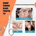 Facial Hair Small Grooming Scissors For Men Women, 2PCS Silver | Eyebrow, Nose Hair, Mustache, Beard, Eyelashes, Ear Trimming Kit, Curved and Rounded Safety Tip, Hair Cutting Clippers