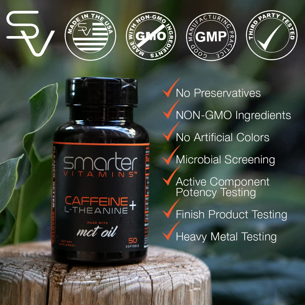 Caffeine Pills 200mg with 100mg L-Theanine & Coconut MCT Oil, 50 Softgels