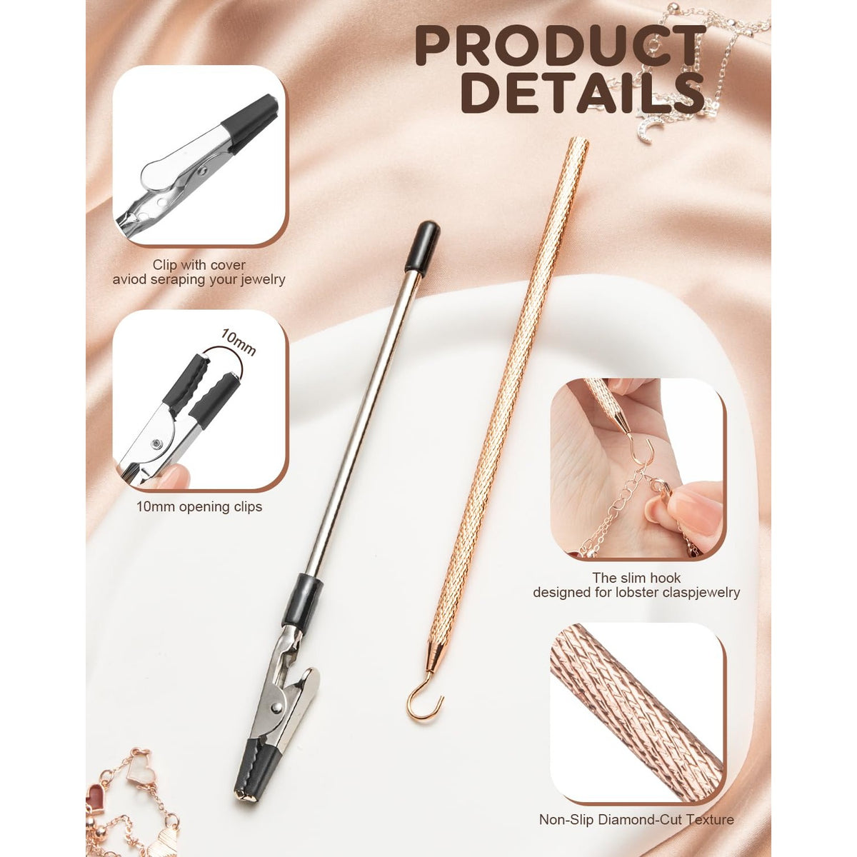 2 Pcs Bracelet Helper Tool, Portable Bracelet Helper with Rubber Tip Clip and 1mm Round Hook for Necklaces, Watches and Independent Jewelry Wear