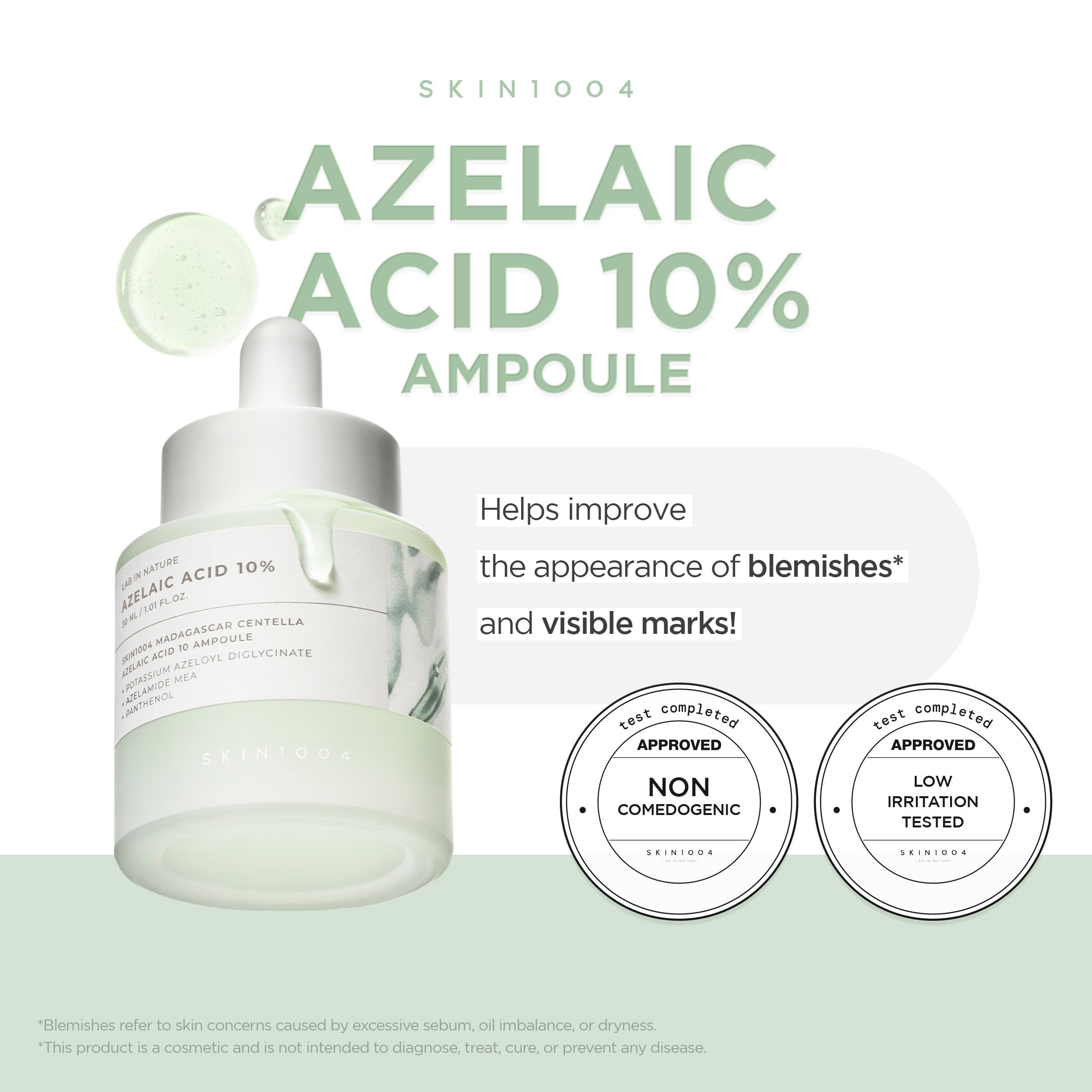 SKIN1004 Azelaic Acid 10% Ampoule, Hydrating Face Serum for Blemish-Prone & Irritated Skin, Soothing Care for Visible Marks with Centella, Niacinamide-Free, Korean Skin Care, 1.01 fl.oz / 30ml