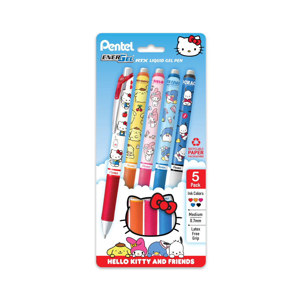 Pentel EnerGel RTX Liquid Gel Pen, Hello Kitty® and Friends, Limited Edition, Mix 2, 0.7mm, Med Line, Assorted Ink, 5-Pk (BL77HKPF5M1)