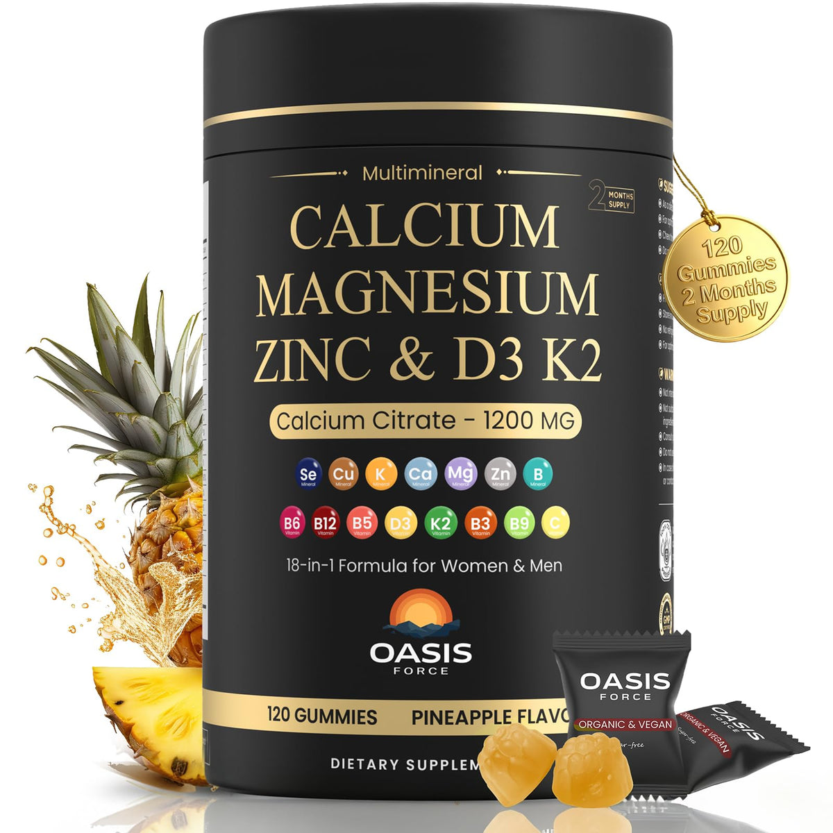 Calcium 1200 mg with Vitamin D3 Gummies, Calcium Citrate Supplements for Women & Men with Magnesium, Zinc, Vitamin D3 & K2, Potassium, Chews for Bone Strength & Muscle Support, Sugar Free, Vegan