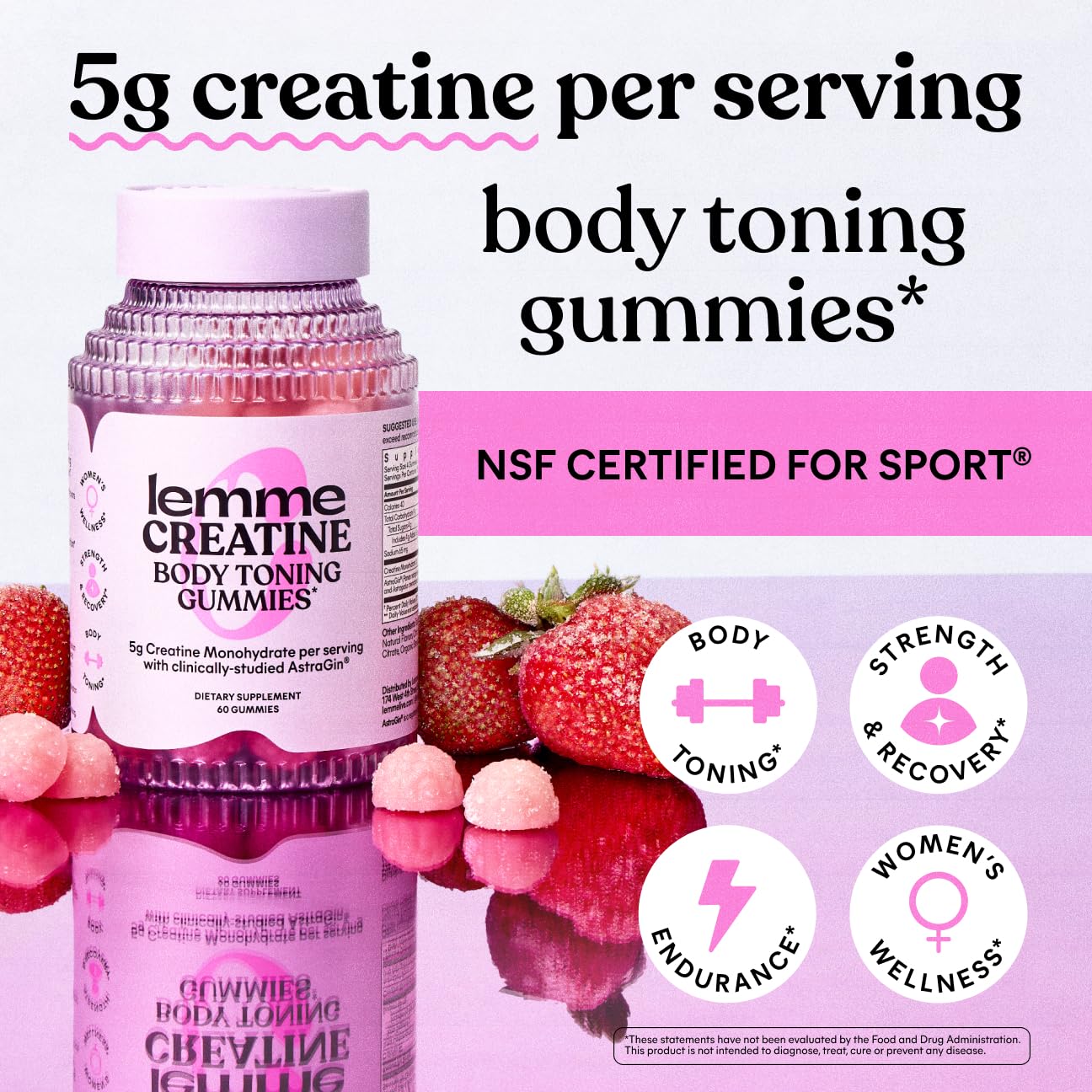 Lemme Creatine Monohydrate Gummies, Sour Strawberry (60 Gummies) | 5g Creatine for Lean Muscle, Strength, Recovery & Cognitive Health with Ginseng for Absorption. NSF Certified for Women & Men