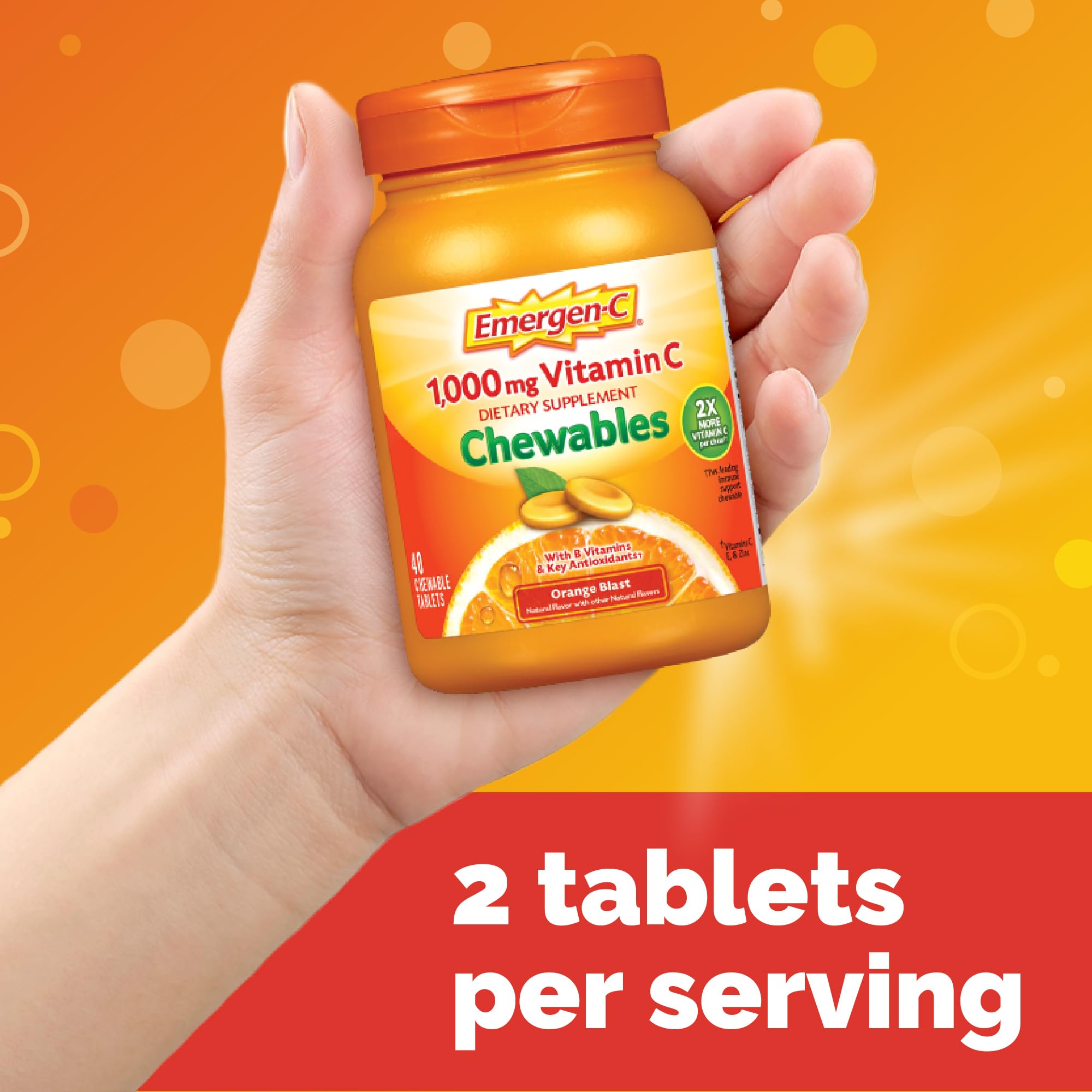 Emergen-C Vitamin C 1000mg Immune Support Chewables, Orange, 40 Tablets | Chewable Tablets, B Vitamins, Zinc and Manganese, No Water Needed, More Vitamin C than 10 Oranges