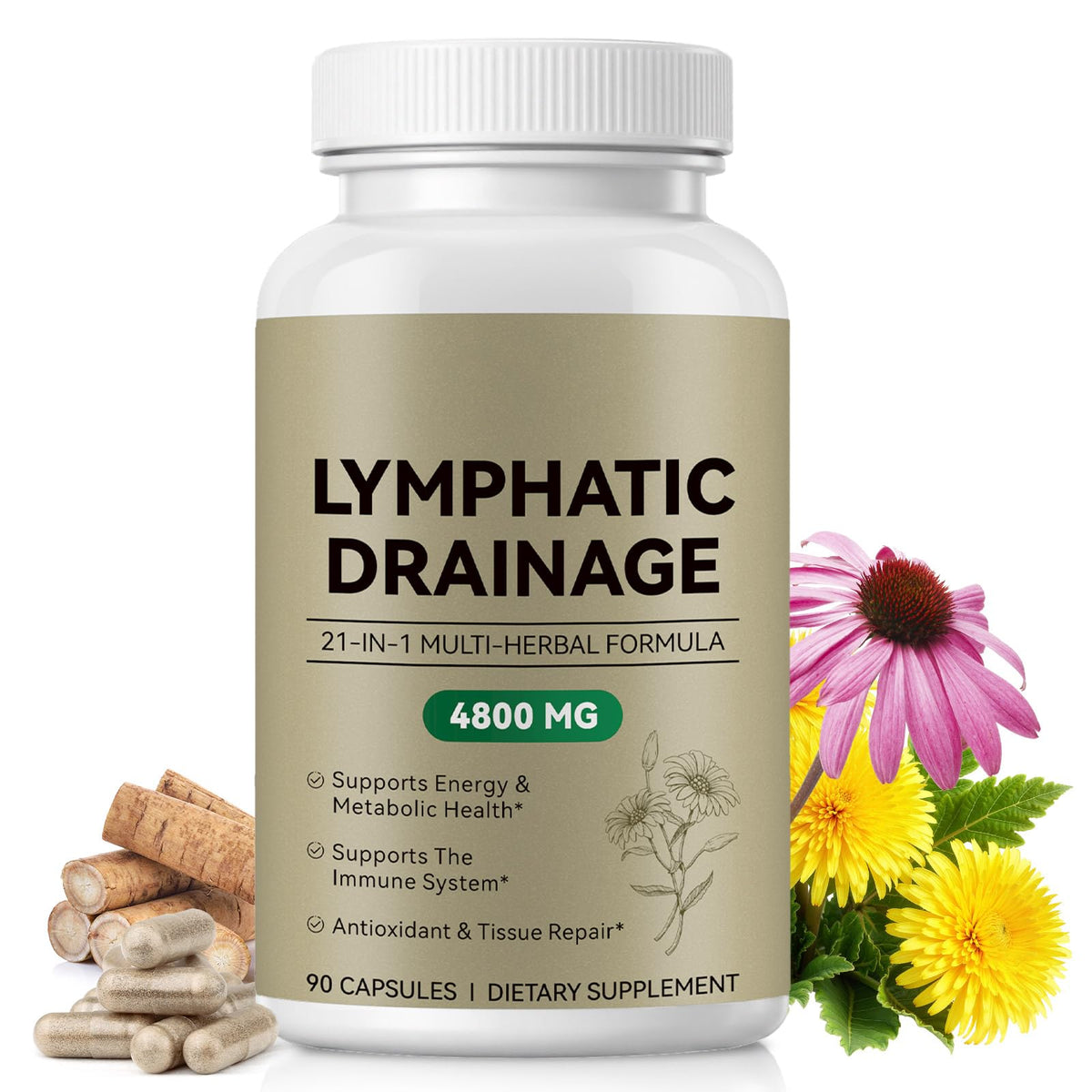 Lymphatic Drainage Supplement - 90 Capsules | 21-in-1 Herbal Complex with Echinacea, Dandelion & Burdock Root | Supports Natural Fluid Balance & Circulation