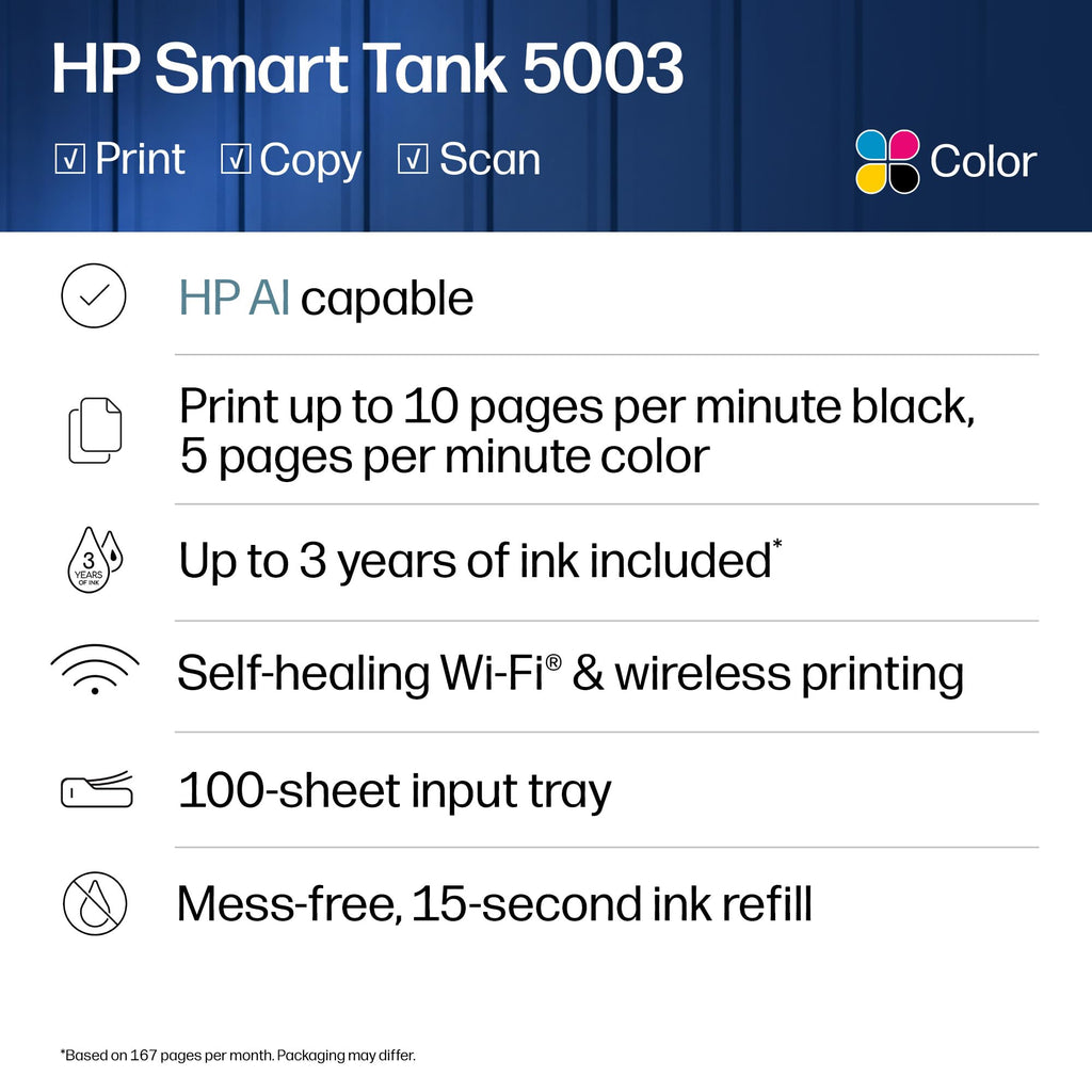 HP Smart Tank 5003 Wireless All-in-One Ink Tank Printer, Scanner, Copier with up to 3 Years of Ink Included, Best-for-Home, Cartridge-Free Refillable, AI-Capable (9B2D3A)