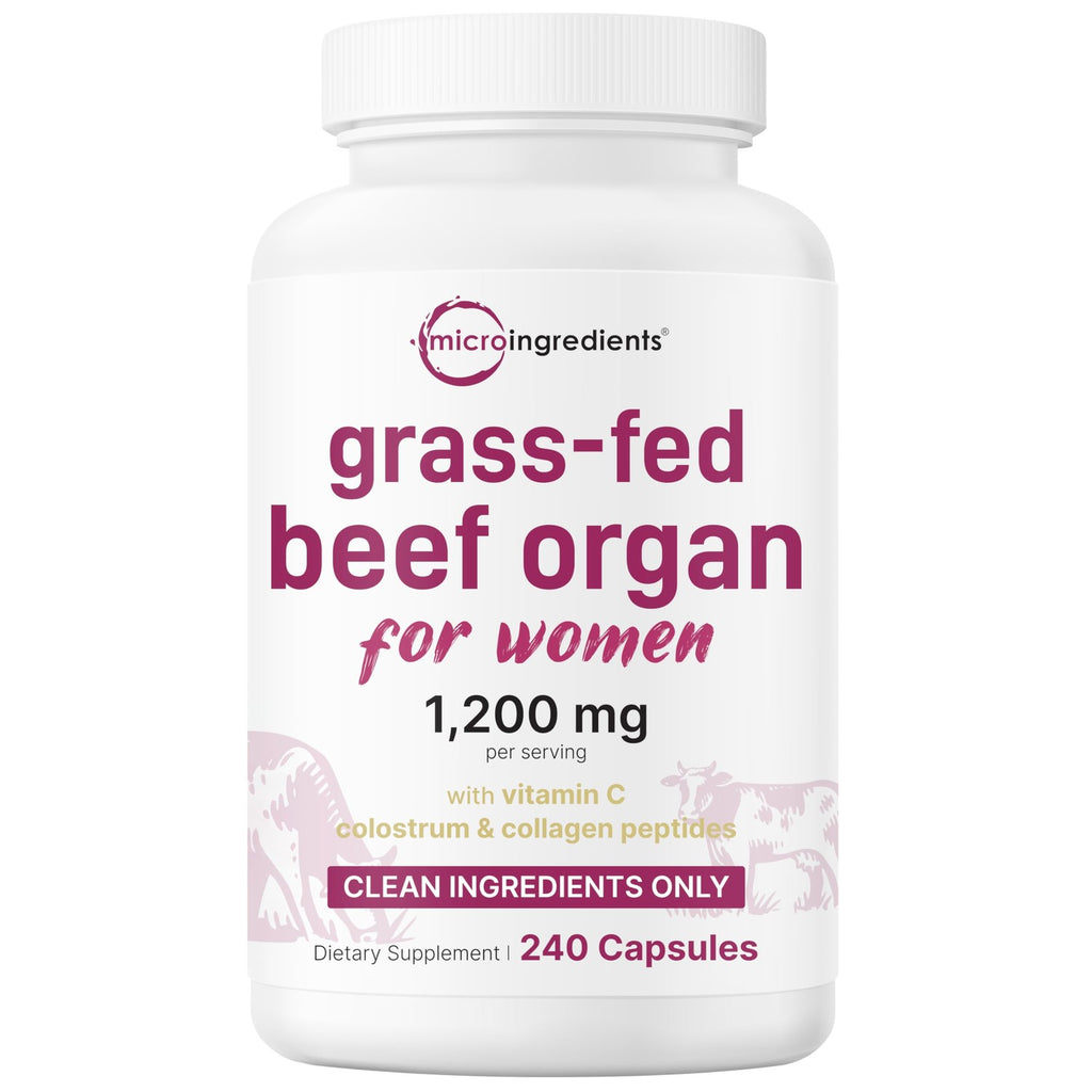 Micro Ingredients Grass‑Fed Beef Organ Supplement for Women – Bovine Beef Liver, Kidney, Heart & Uterus Tissue – 1,200 mg Organ Blend Plus Vitamin C, Colostrum & Collagen – 240 Capsules, No Fillers