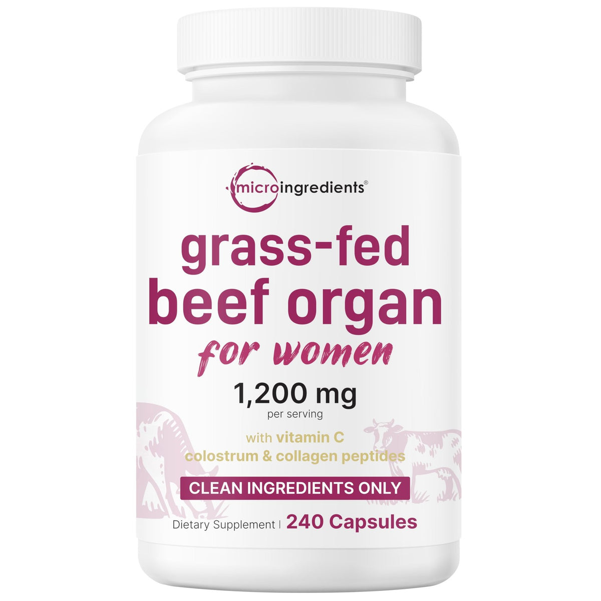 Micro Ingredients Grass‑Fed Beef Organ Supplement for Women – Bovine Beef Liver, Kidney, Heart & Uterus Tissue – 1,200 mg Organ Blend Plus Vitamin C, Colostrum & Collagen – 240 Capsules, No Fillers
