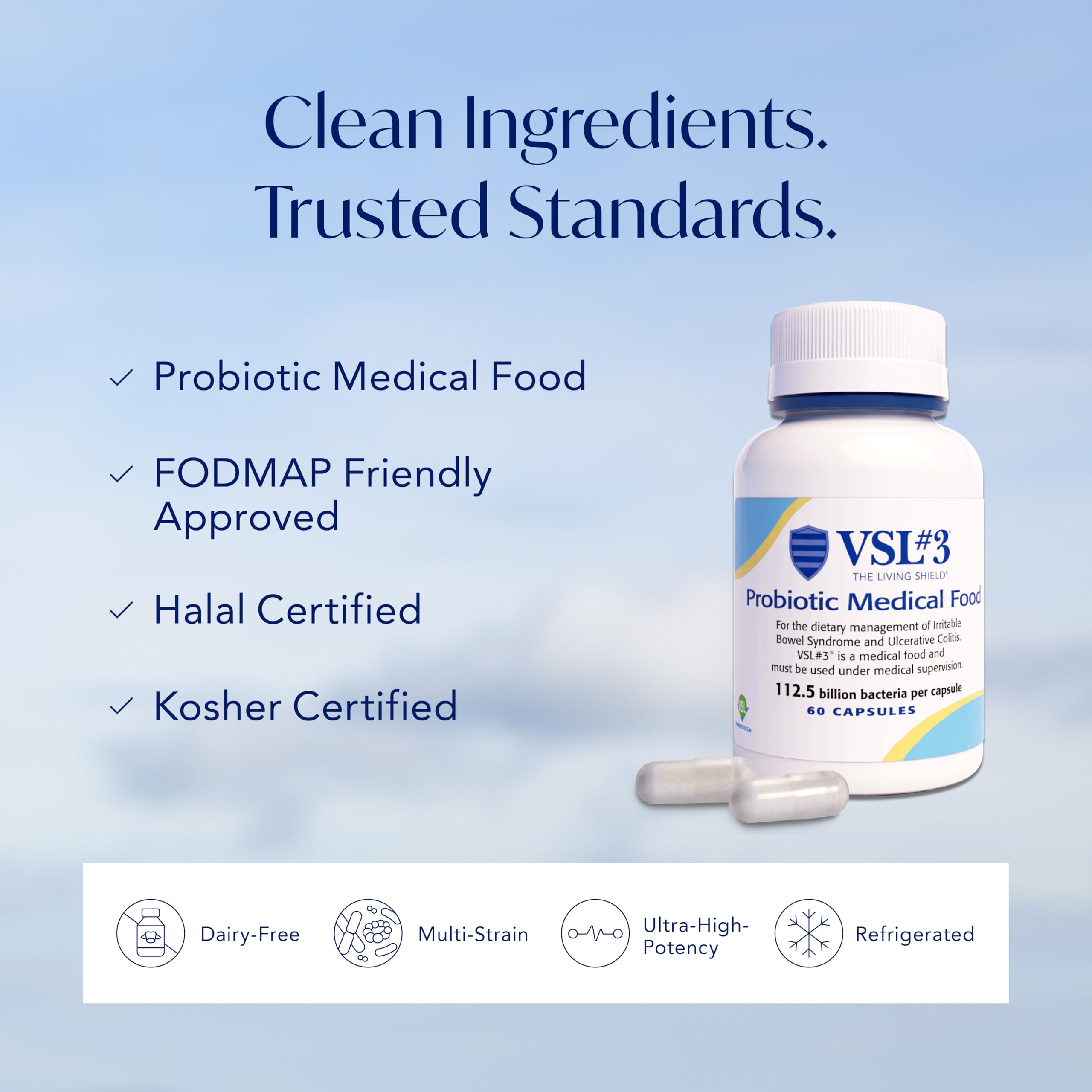 VSL #3® High-Potency Probiotic Medical Food, Dietary Management of IBS & UC | 112.5 Billion CFU, Clinically Researched, 8 Live Probiotic Strains, Refrigerated, For Men & Women, 3-Pack (180 Capsules)