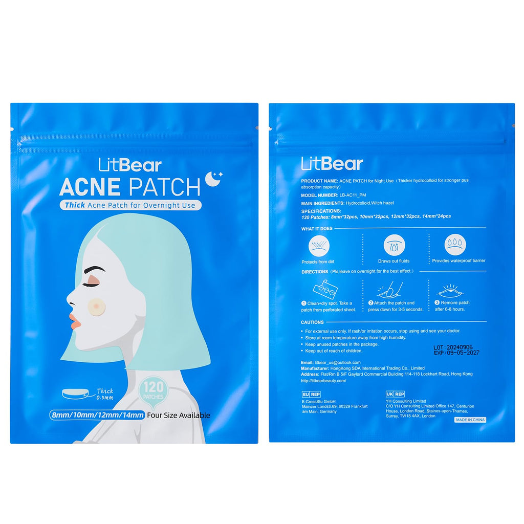 LitBear Acne Pimple Patches- Day and Night 4 Sizes 180 Dots Thin & Thick Hydrocolloid Patches with Witch Hazel, Tea Tree & Calendula Oil, Pimple Stickers for Covering Zits, Blemishes, Spots, Acne Dots
