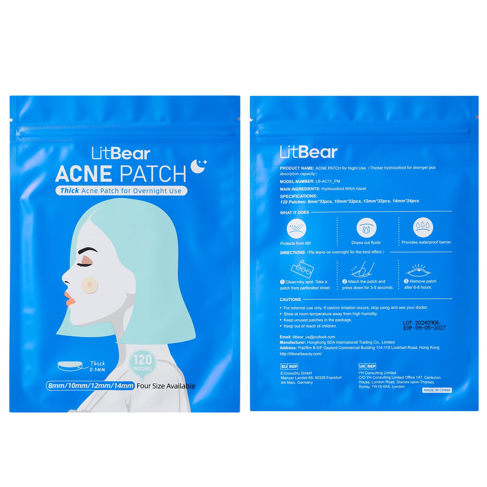 LitBear Acne Pimple Patches- Day and Night 4 Sizes 180 Dots Thin & Thick Hydrocolloid Patches with Witch Hazel, Tea Tree & Calendula Oil, Pimple Stickers for Covering Zits, Blemishes, Spots, Acne Dots