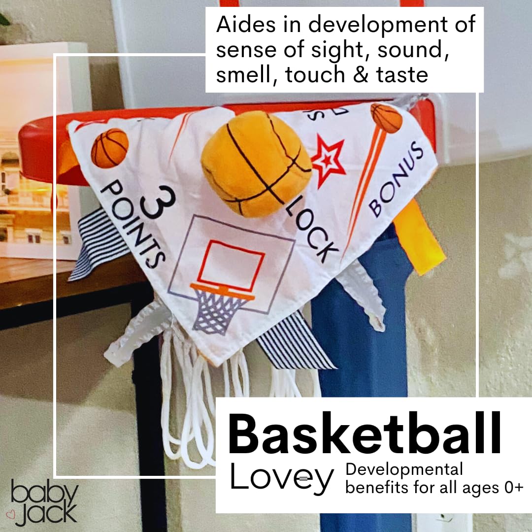 Buy now Baby Jack & Co 10x10” Basketball Sports Lovey Sensory Plush Blanket - Tag Toy for Developing Sense of Touch - Travel Stroller Toy w/BPA Free Clip - Learn Shapes, Letters & Colors - Sports Gift at indiglob india