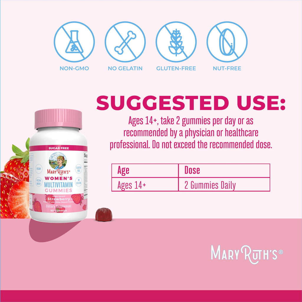 MaryRuth Organics Women's Immune Support Multivitamin Gummies | Ages 14+ | Skin Health | Gummy Vitamins for Women | Sugar-Free | Vegan | Non-GMO | 60 Count | Sugar Free, Vegan, 60 Count