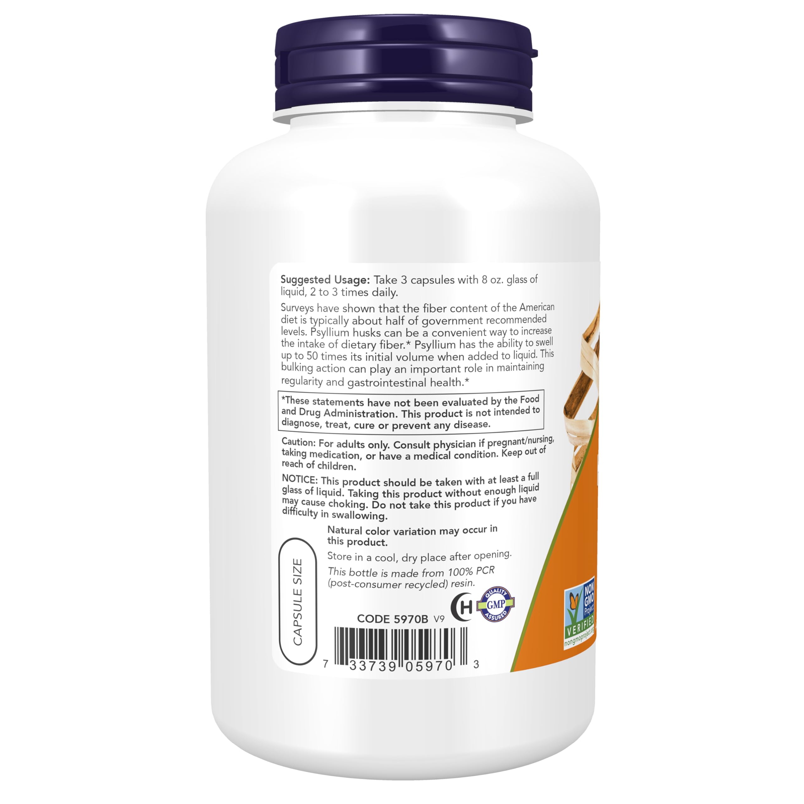 NOW Foods Supplements, Psyllium Husk Caps 500 mg, Non-GMO Project Verified, Natural Soluble Fiber, Intestinal Health*, 200 Veg Capsules