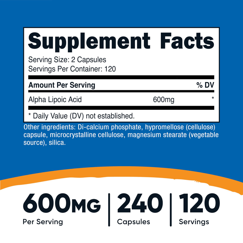 Nutricost Alpha Lipoic Acid 600mg Per Serving, 240 Capsules | Gluten Free, Vegetarian Capsules, Soy Free & GMO-Free