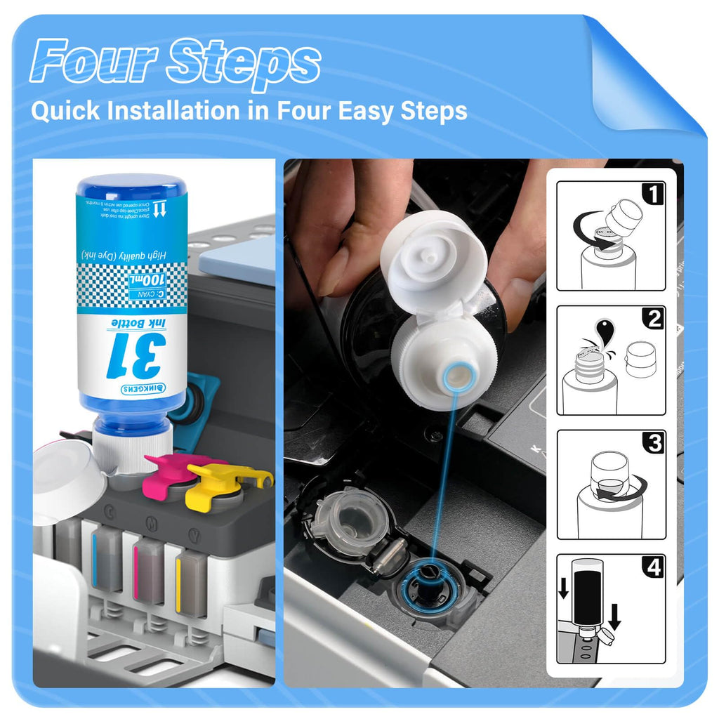 31 32XL Ink Bottle Set Refill for HP Smart Tank 7600 7602 7300 7301 7001, 5000 5101 5102, 6000 6001 651 551 Printer. Black CMY