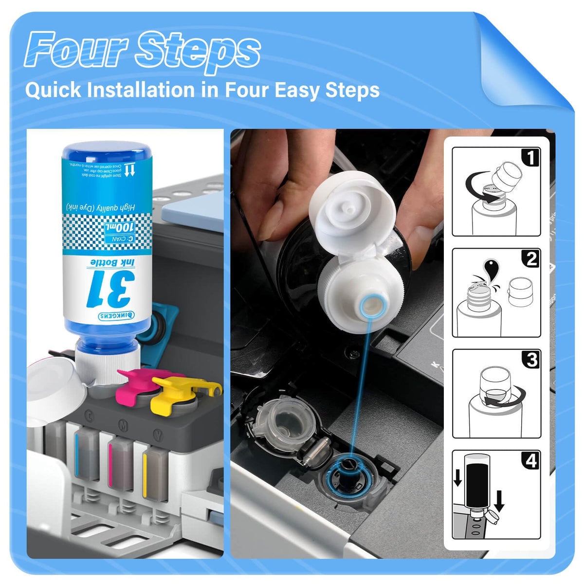 31 32XL Ink Bottle Set Refill for HP Smart Tank 7600 7602 7300 7301 7001, 5000 5101 5102, 6000 6001 651 551 Printer. Black CMY