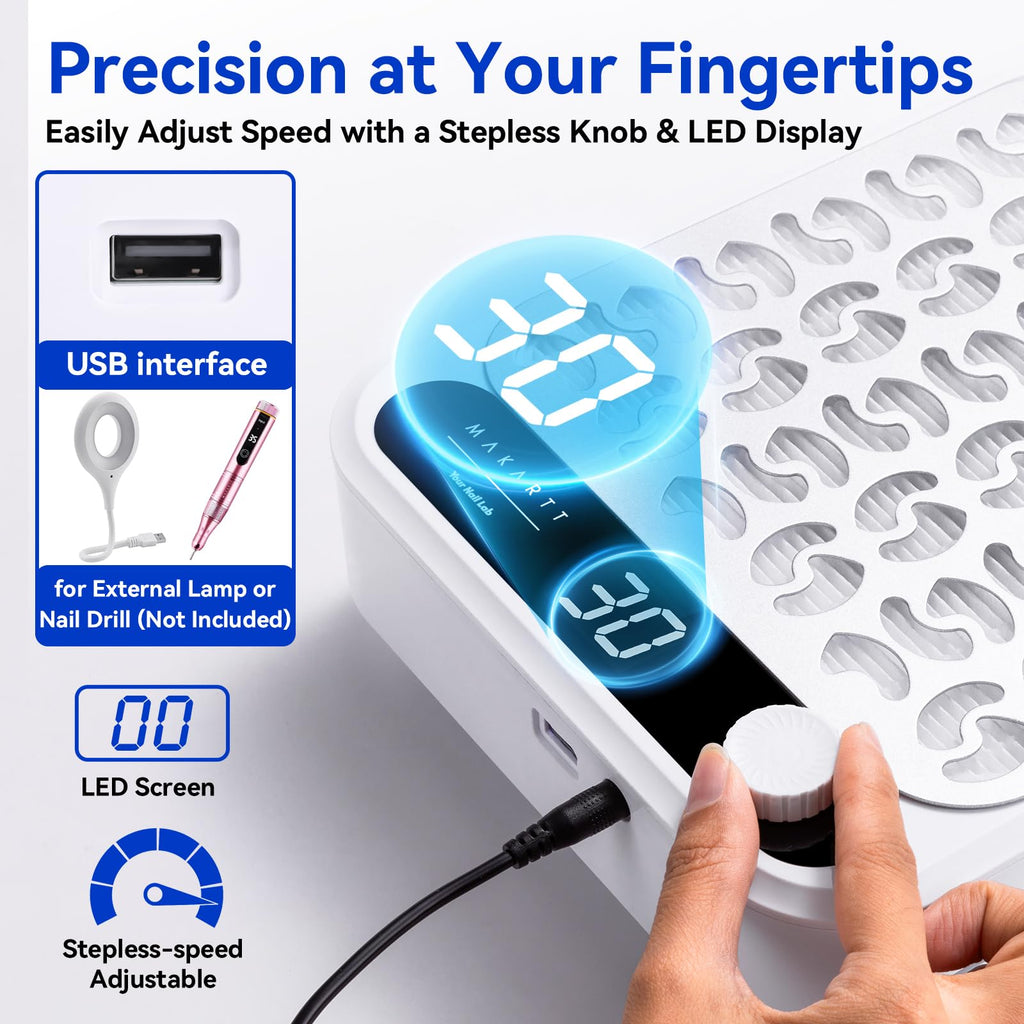Makartt Nail Dust Collector - 4200 RPM Adjustable Speed Digital Display | Strong Suction Nail Dust Vacuum Digital Display, Reusable Filter, Compact for Home Salon Use White