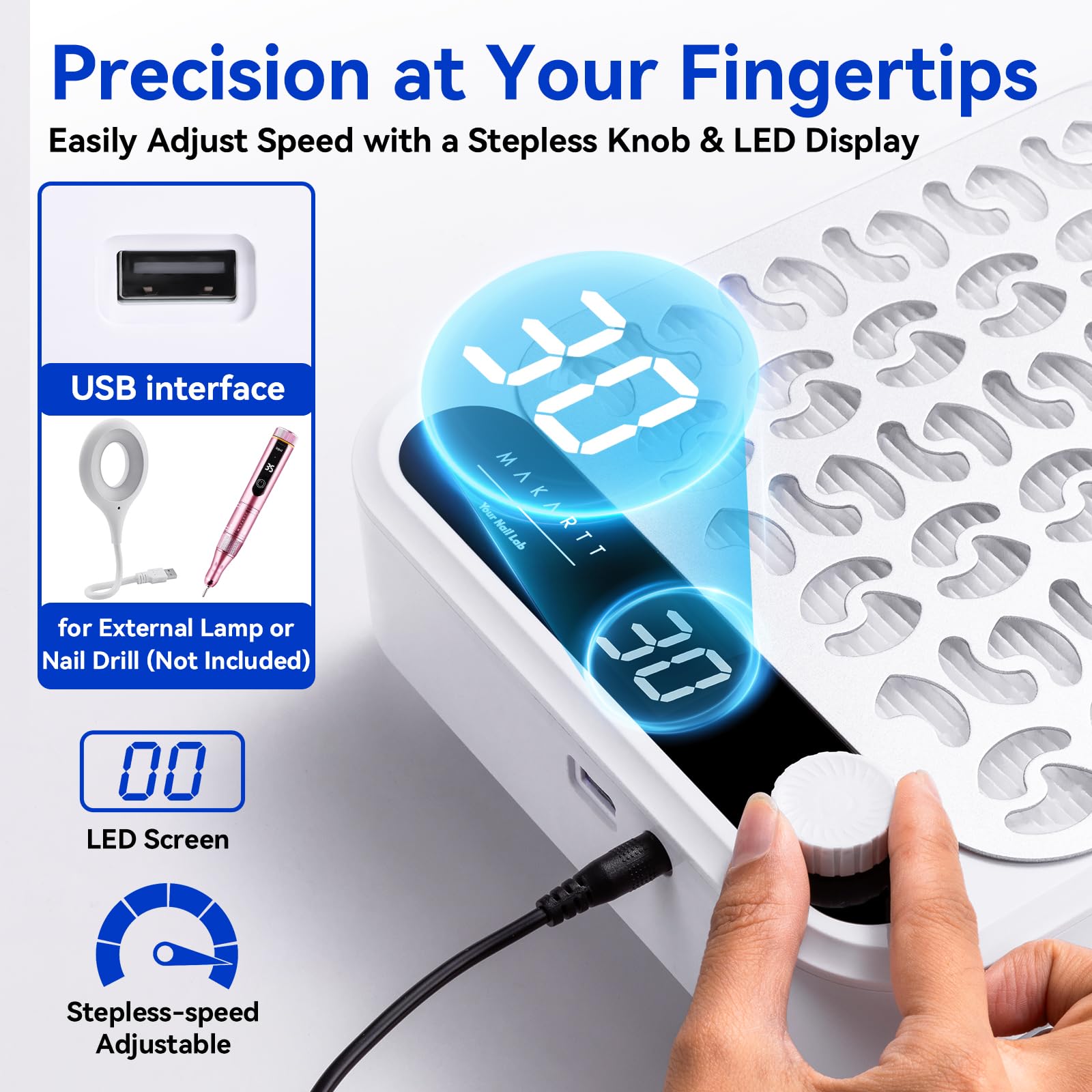 Makartt Nail Dust Collector - 4200 RPM Adjustable Speed Digital Display | Strong Suction Nail Dust Vacuum Digital Display, Reusable Filter, Compact for Home Salon Use White