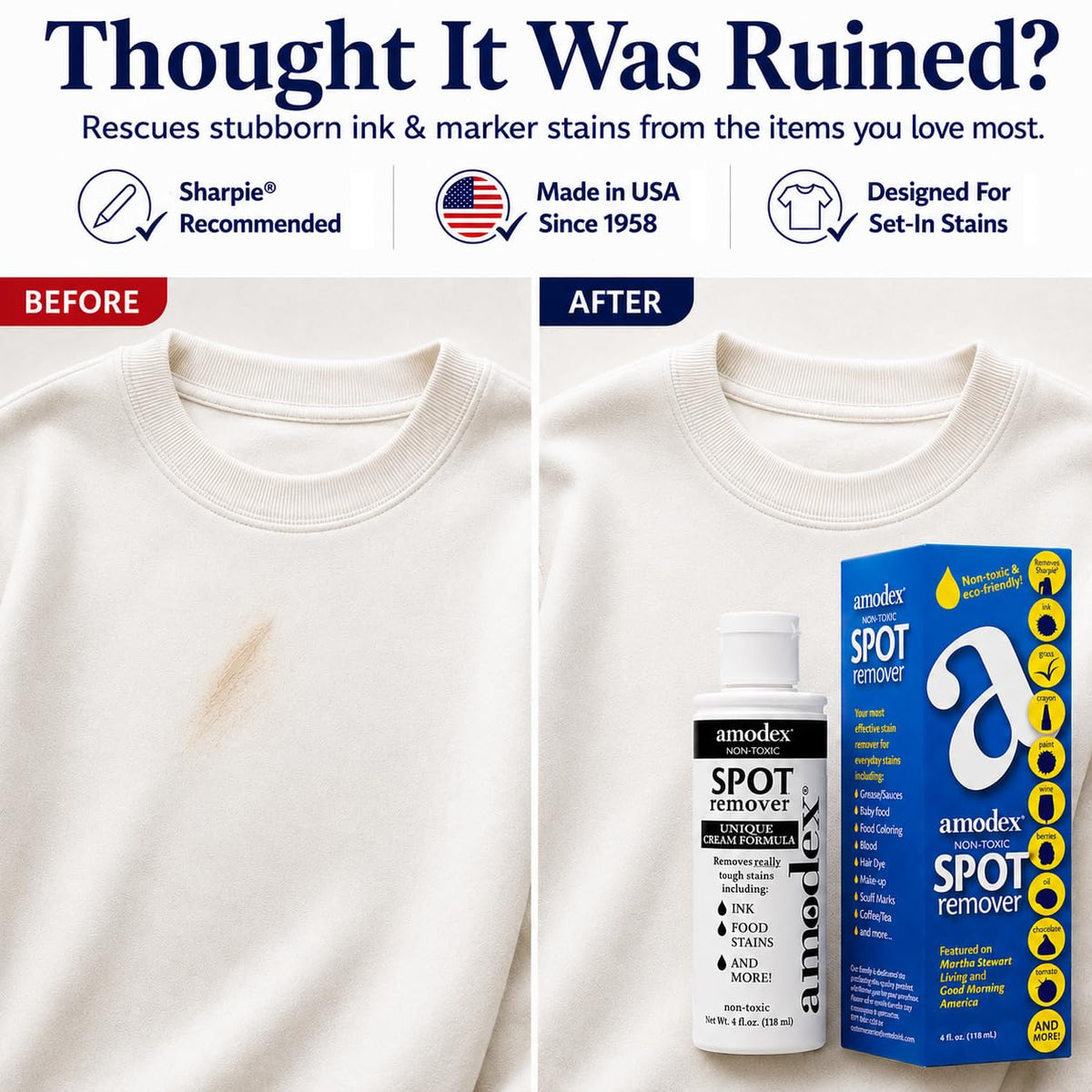 Amodex Ink & Spot Remover for Clothes, Leather and Skin - Removes Ink, Ballpoint, Sharpie, Grease and More, Works on Set-in Stains, Gentle but Powerful, 4oz/120ml Bottle
