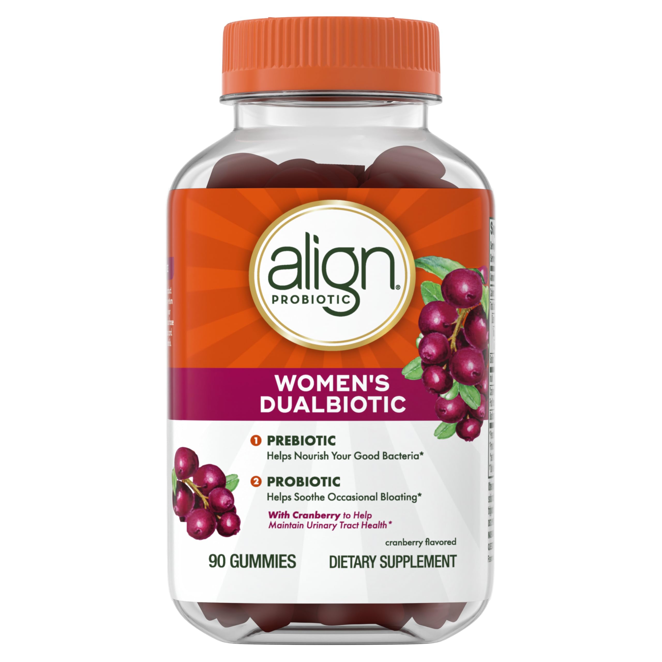 Align Probiotic, Women's Dualbiotic, Womens Probiotic Gummies, Prebiotics and Probiotics for Women, with Cranberry for Urinary Tract Health*, Cranberry Flavor, 90 Gummies