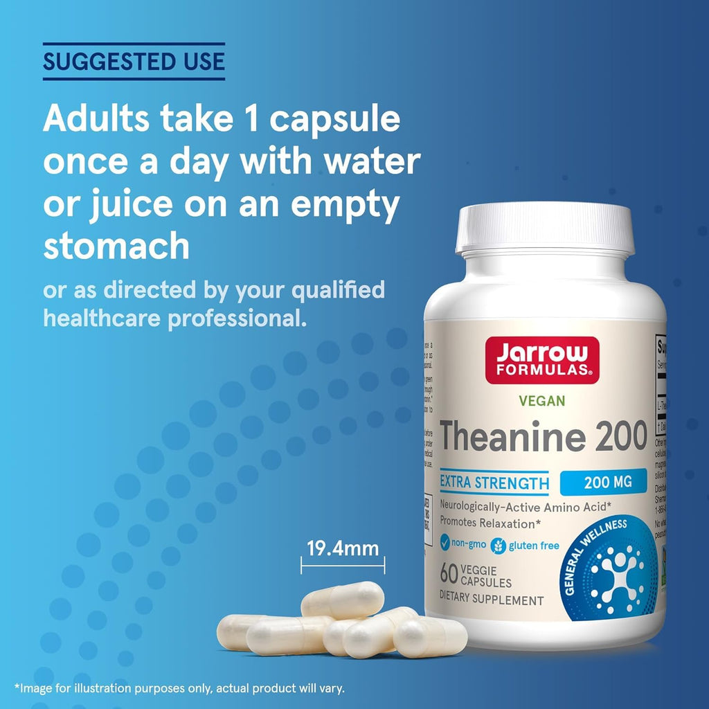 Jarrow Formulas Extra Strength L Theanine 200mg Dietary Supplement that Promotes Relaxation, Supplement for Relaxation Support, 60 Veggie Capsules, 60 Day Supply (Pack of 2)