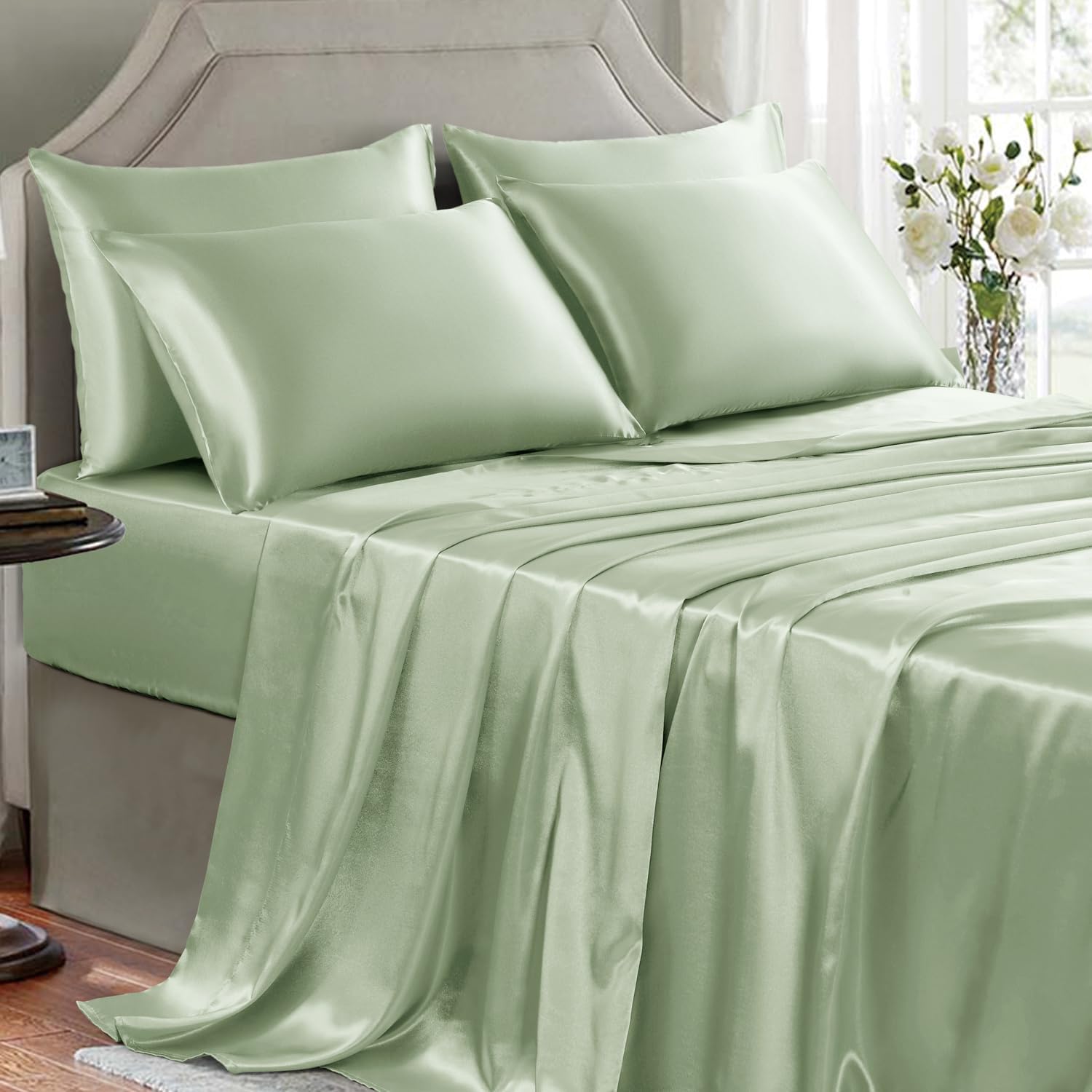 Buy now Satin Sheets King Size - 4 Pieces Luxury Silky Soft Bed Sheets, Wrinkle-Free Gold Satin Silk Sheet Set with 1 Deep Pocket Fitted Sheet, 1 Flat Sheet, 2 Pillow Cases King(6Pc) Sage Green at indiglob india