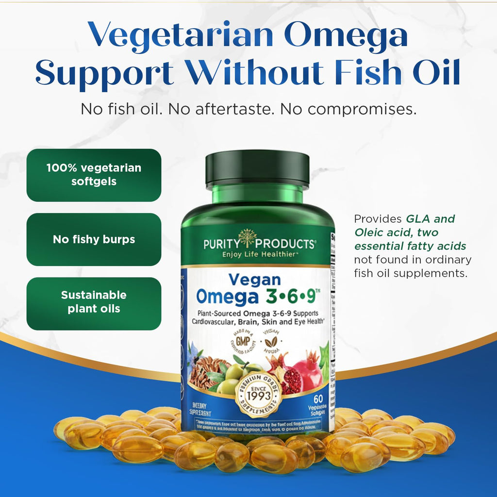 Purity Products Omega 3-6-9, "5 in 1 Vegan and Vegetarian Formula | Essential Fatty Acid Complex - Scientifically Formulated Plant-Based Omega 3 6 9 Essential Fatty Acids (EFA) - 60 Softgels