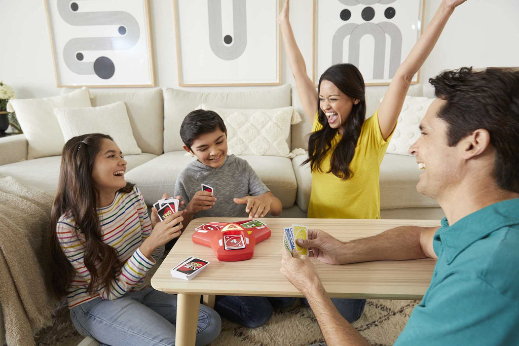 Buy now UNO Triple Play Card Game with Card-Holder Unit with Lights & Sounds & 112 Cards, Kid, Teen & Adult Game Night Gift Ages 7 Years & Older, HCC21 at indiglob india