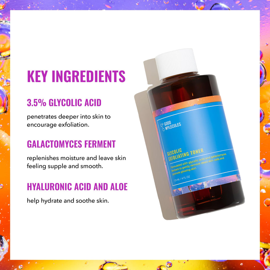 Buy now Good Molecules Glycolic Exfoliating Toner - Hyaluronic and Glycolic Acid Daily Toner for Face - Cleansing Facial Exfoliant for Glowing Even Skin Tone, Skin Care at indiglob india