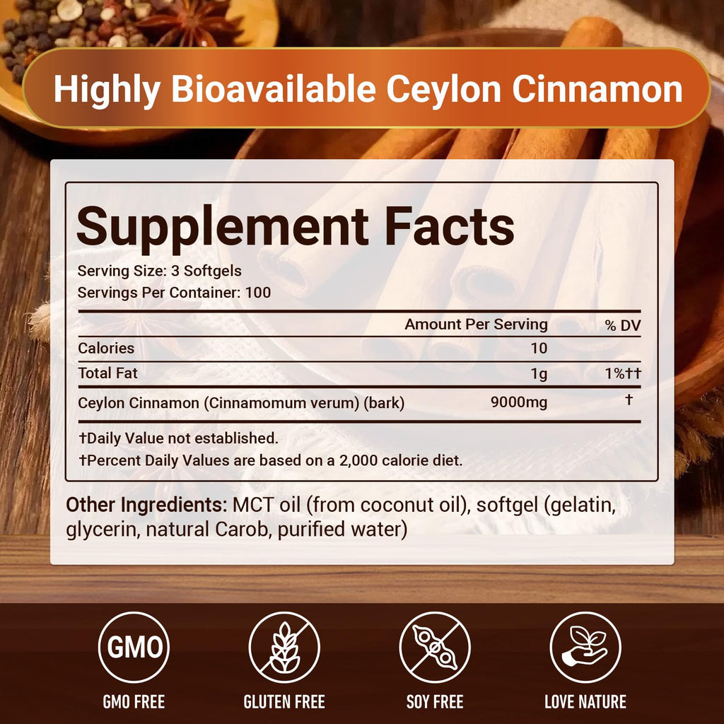 Ceylon Cinnamon with MCT Oil, True Sri Lanka Ceylon Cinnamon Highly Bioavailable Herbal Extract, Energy & Glucose Metabolism Support, Cardiovascular Wellness, Antioxidant Boost, 300 Softgels