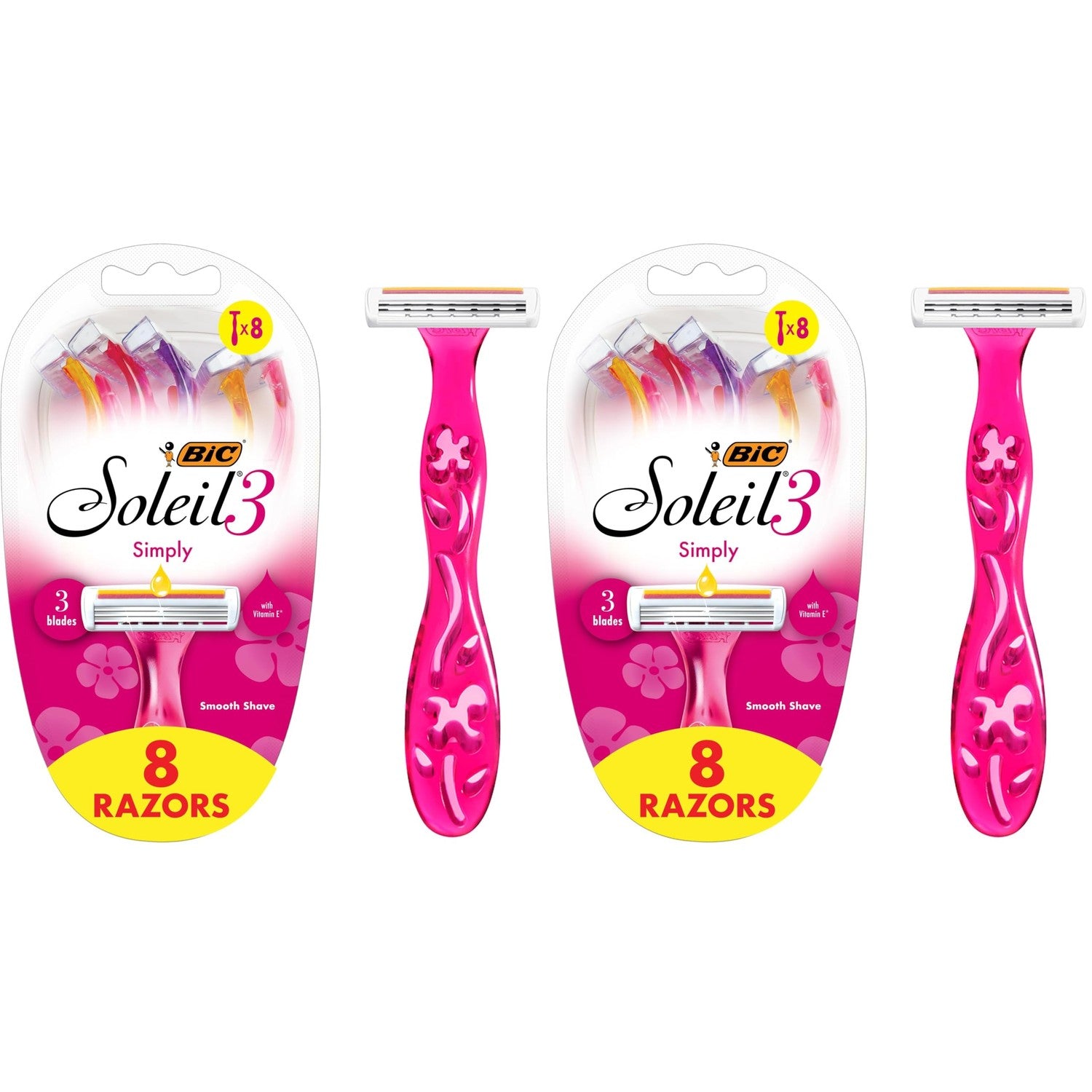BIC Soleil Simply Smooth Women's Disposable 3 Blade Razors, Moisture Strip and Comfortable Handle, Skin Care Routine Kit, 8 Count (Pack of 2)