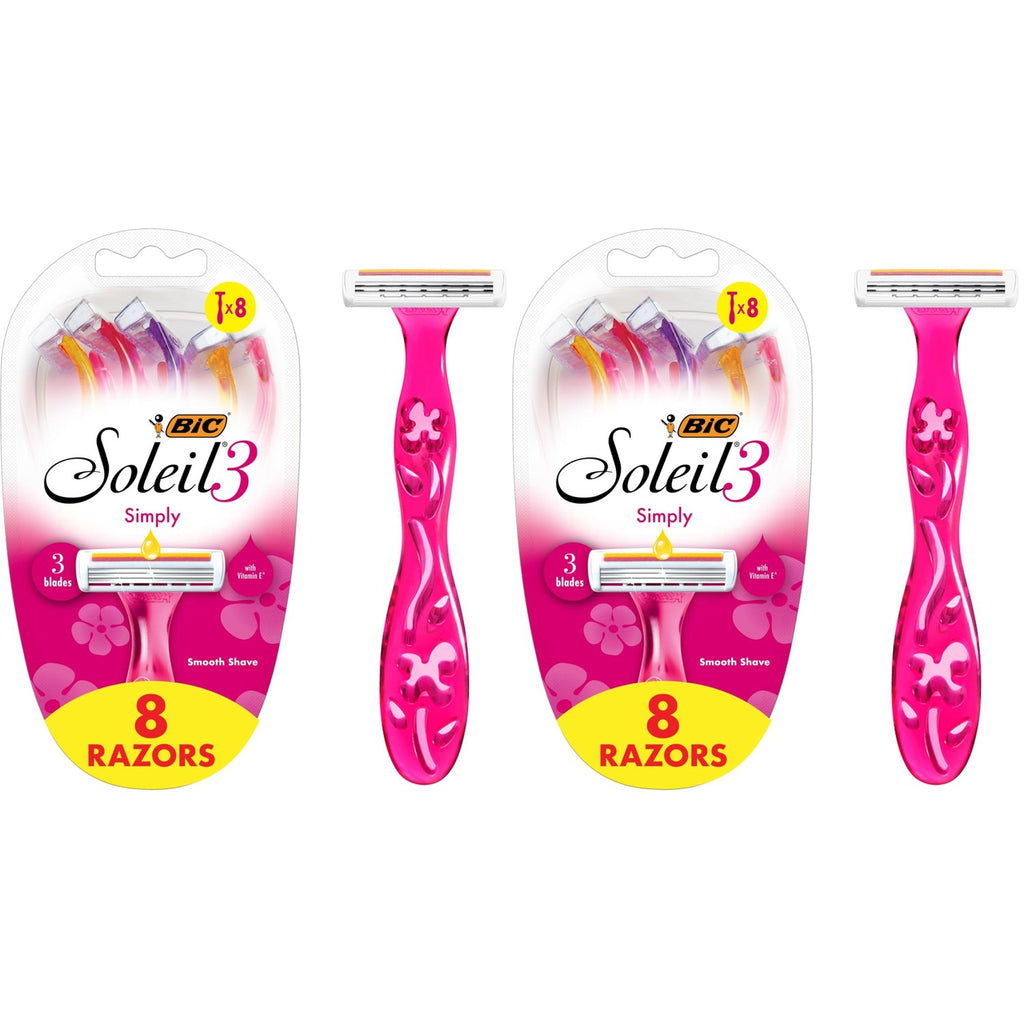 BIC Soleil Simply Smooth Women's Disposable 3 Blade Razors, Moisture Strip and Comfortable Handle, Skin Care Routine Kit, 8 Count (Pack of 2)
