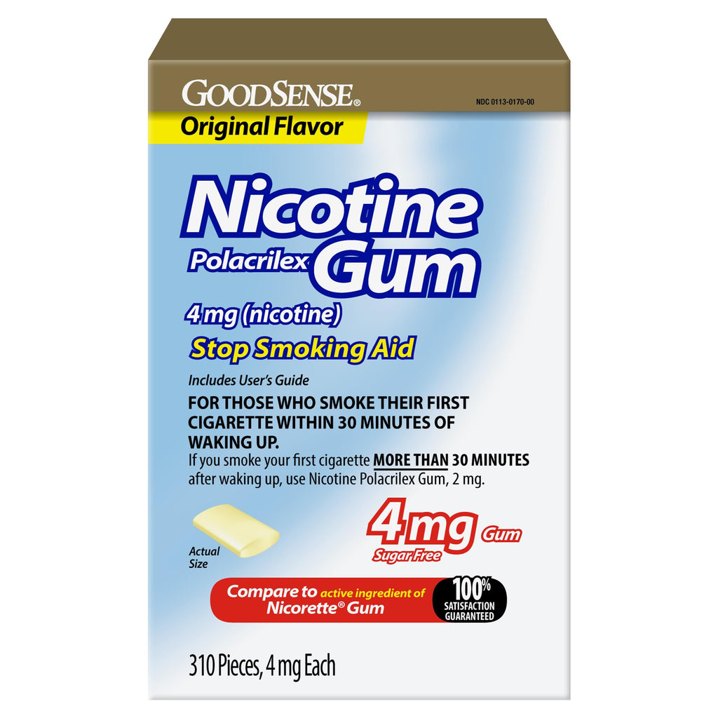 GoodSense Uncoated Nicotine Polacrilex Gum, 4 mg (Nicotine), Stop Smoking Aid, Original Flavor, 310 Count