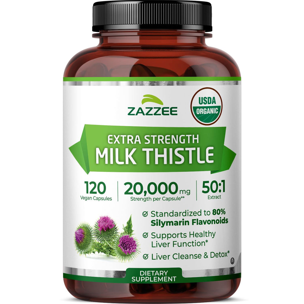 Zazzee USDA Organic Milk Thistle 50:1 Extract, 120 Vegan Capsules | 80% Silymarin Flavonoids, 4 Month Supply, Silybum Marianum, Liver Support & Detox Support, All-Natural, Non-GMO, Made in USA