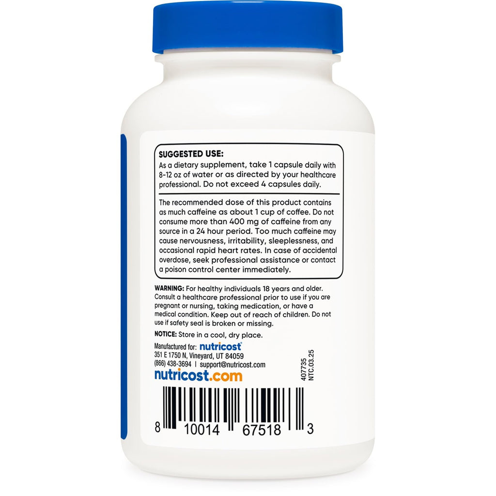 Nutricost Caffeine Pills 100mg Per Serving, 250 Capsules