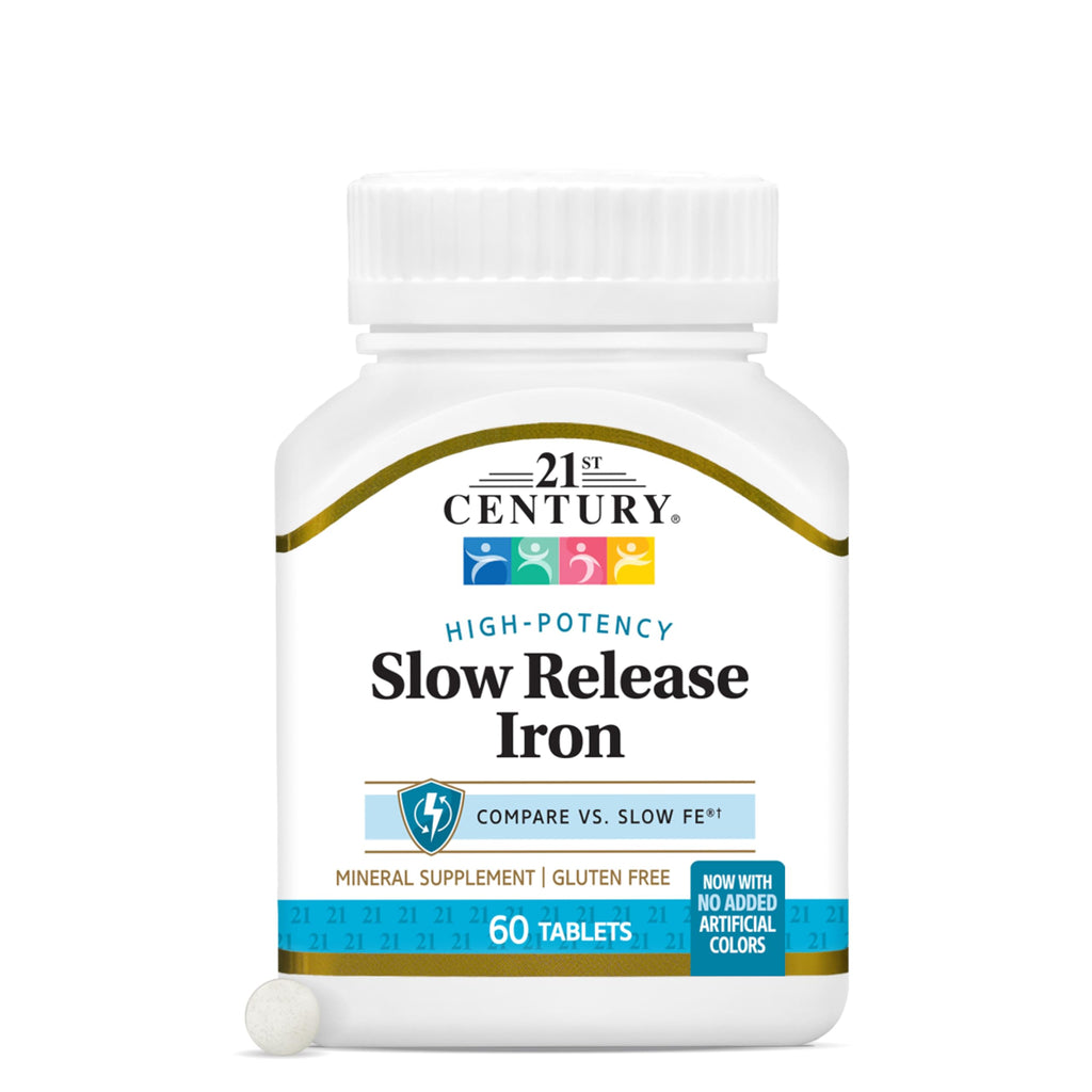 21st Century Slow Release Iron 45mg Tablets, Gentle on Stomach, 60 Count | High-Potency Ferrous Sulfate, Compare VS. Slow FE® & Healthy Red Blood Cells, Gluten Free, No Added Yeast, For Women & Men