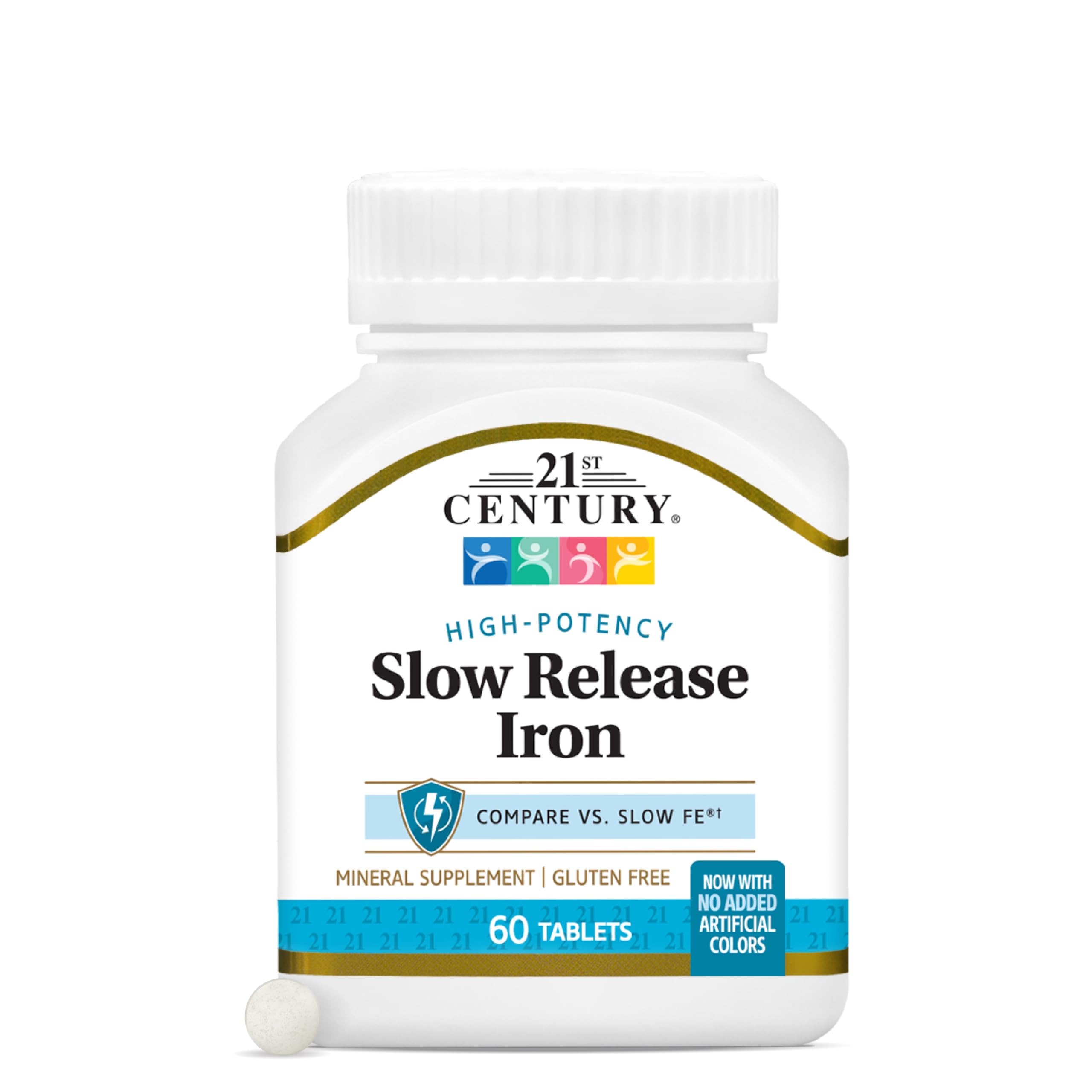 21st Century Slow Release Iron 45mg Tablets, Gentle on Stomach, 60 Count | High-Potency Ferrous Sulfate, Compare VS. Slow FE® & Healthy Red Blood Cells, Gluten Free, No Added Yeast, For Women & Men