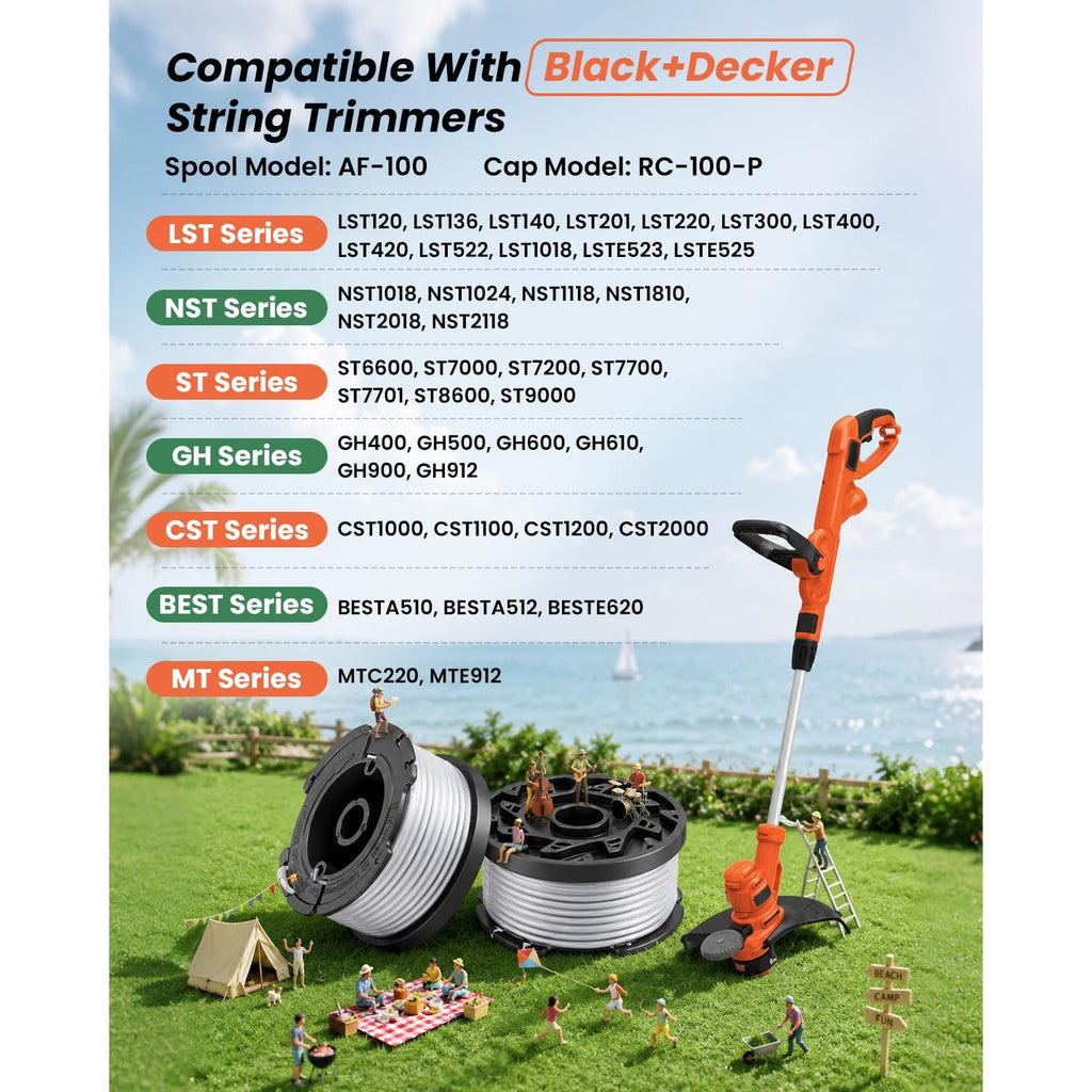 Weed Eater String Compatible with Black+Decker, AF-100 0.065" Weed Wacker String Refill 360ft Automatic Feed String Trimmer Replacement Line Spool for Black&Decker (12Spools + 3Caps+3Springs)