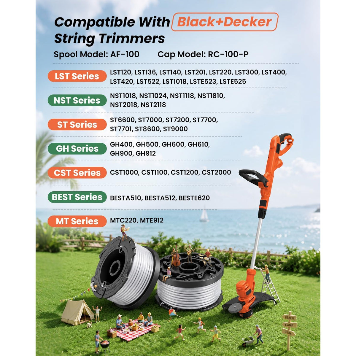 Weed Eater String Compatible with Black+Decker, AF-100 0.065" Weed Wacker String Refill 360ft Automatic Feed String Trimmer Replacement Line Spool for Black&Decker (12Spools + 3Caps+3Springs)