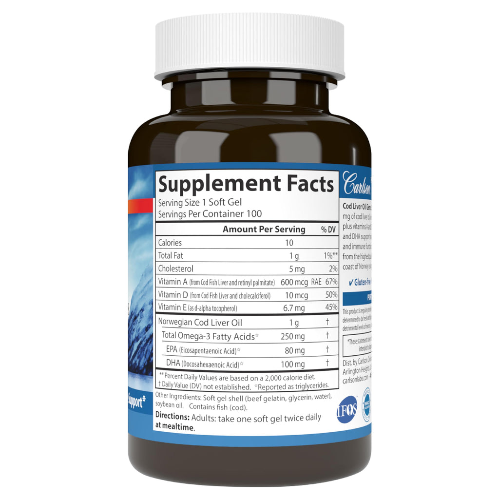 Carlson Cod Liver Oil Gems, Super 1000 mg, 250 mg Omega-3s, 100 Softgels | 400 IU (10 mcg) Vitamin D3; Wild Caught Norwegian Arctic Cod Liver Oil; Nordic Fish Oil Capsules