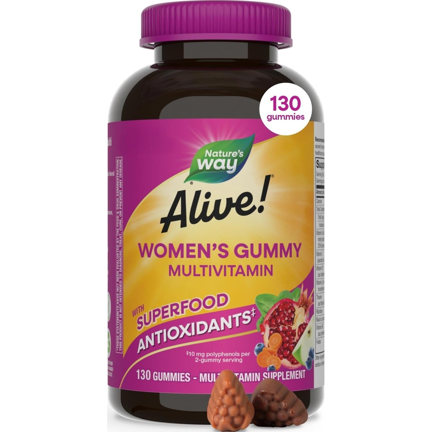 Nature's Way Alive! Women’s Multivitamin Gummy, Vitamins A, C, D3, E, 130ct | Berry Flavored, Daily Chewable Multivitamins for Women, B-Vitamins, Supports Immune, Heart, & Muscle Function*