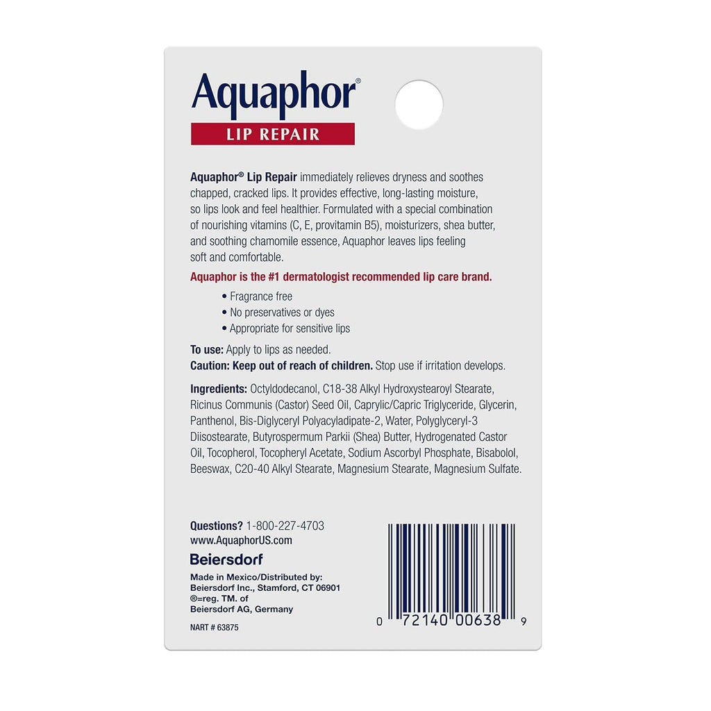 Aquaphor Lip Repair Ointment - Long-lasting Moisture to Soothe Dry Chapped Lips - .35 fl. oz. Tube | Lip Balm Moisturizer with Vitamins and Shea Butter, Immediate Dry Lip Relief, Paraben and Fragrance Free