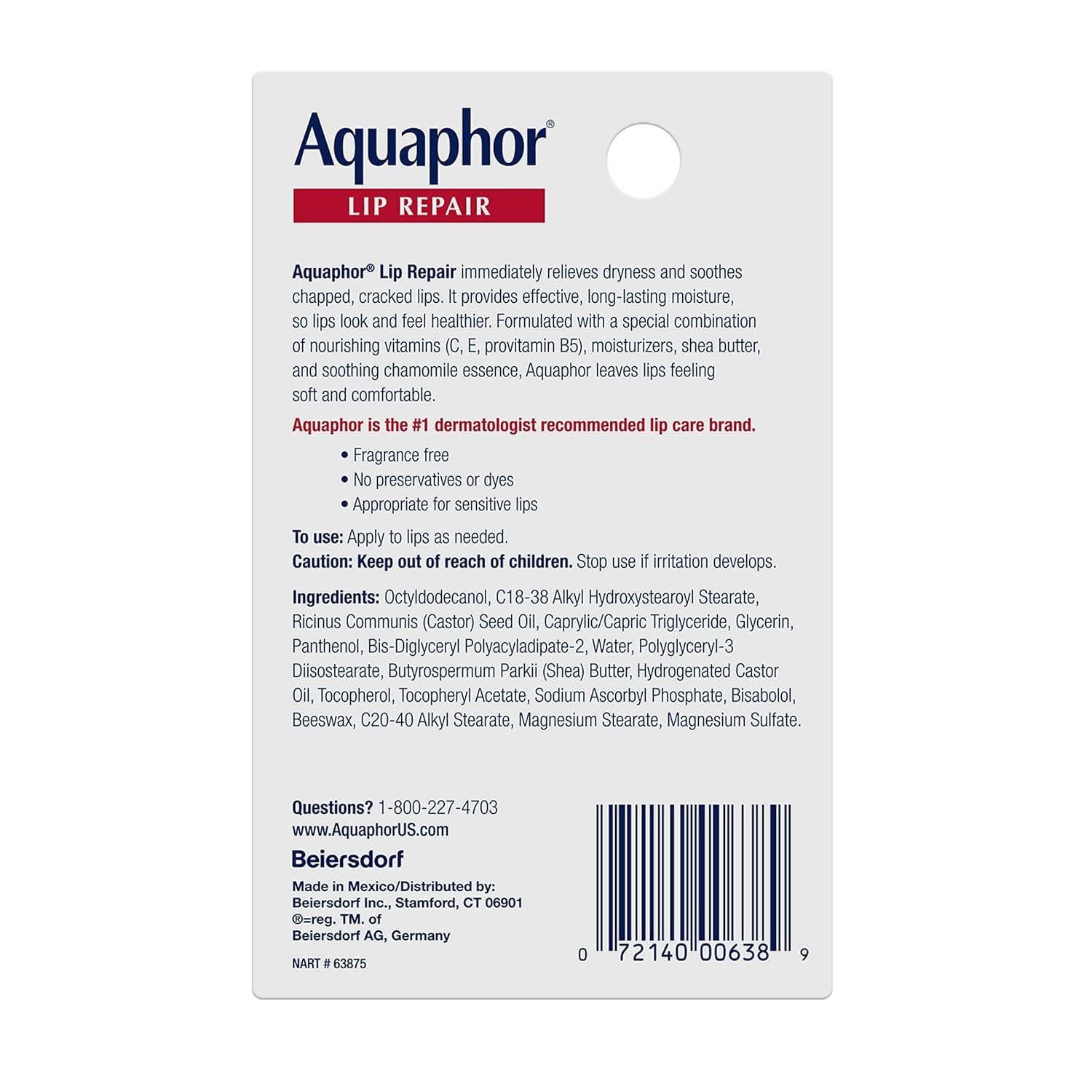 Aquaphor Lip Repair Ointment - Long-lasting Moisture to Soothe Dry Chapped Lips - .35 fl. oz. Tube | Lip Balm Moisturizer with Vitamins and Shea Butter, Immediate Dry Lip Relief, Paraben and Fragrance Free