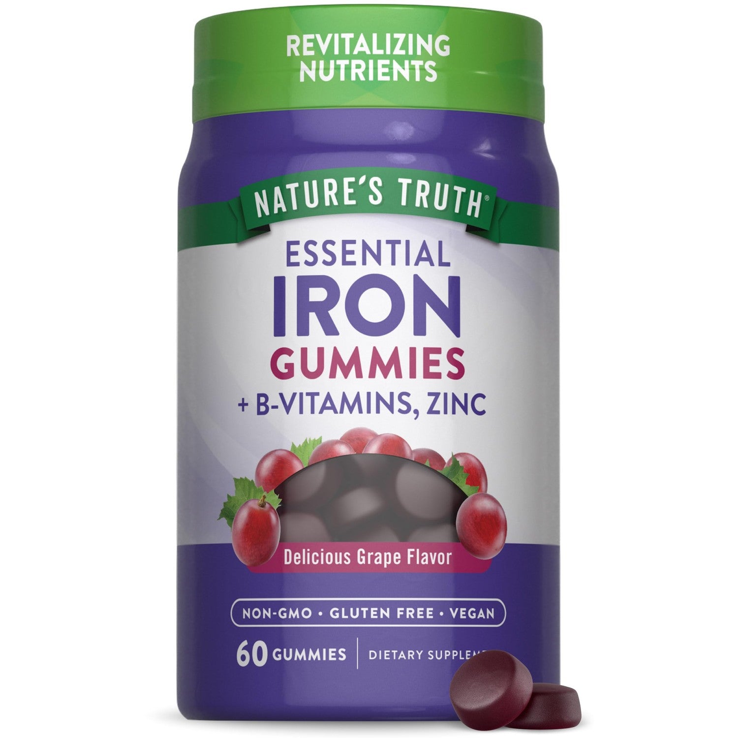 Nature's Truth Iron Gummies | 60 Count | Vegan, Non-GMO & Gluten Free Supplement | with Zinc & B Vitamins | Grape Flavor