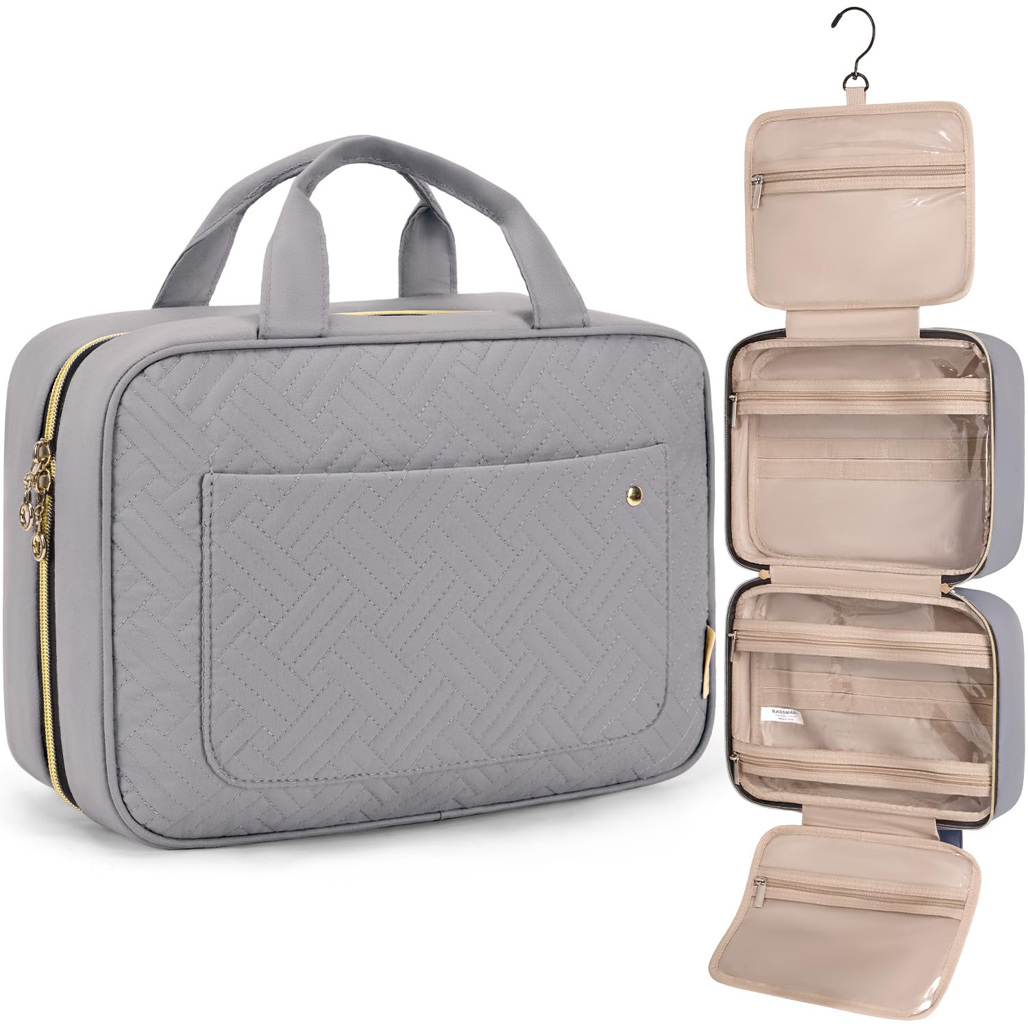 Buy now BAGSMART Toiletry Bag Travel Bag with Hanging Hook, Water-resistant Makeup Cosmetic Bag Travel Organizer for Accessories, Shampoo, Full-size Container, Toiletries (Baby Pink, Medium) Large Grey at indiglob india
