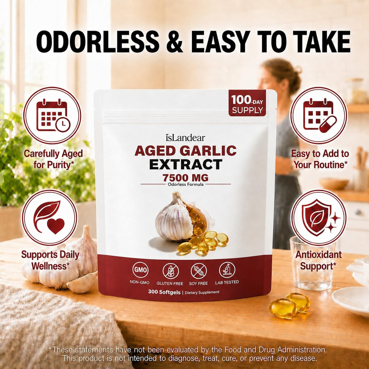 Aged Garlic Extract - 7500mg Odorless 300 Softgels, 2 Years Matured
