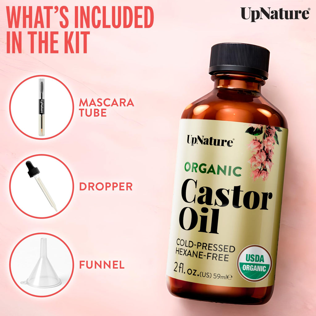 UpNature Castor Oil Eyelash & Eyebrow Growth Serum, USDA Organic, 2oz | Includes mascara wand & brow brush applicators - pure cold-pressed castor oil for lashes, eyebrows & hair growth